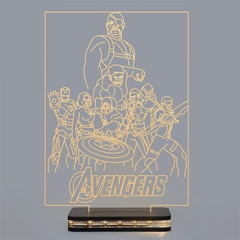 3D Avengers Group Night lamp with Warm White Light Wooden Base Gift for Kid & Anime Lover