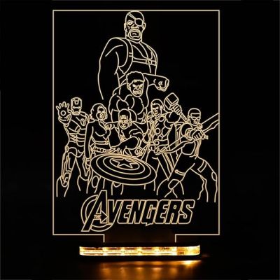 3D Avengers Group Night lamp with Warm White Light Wooden Base Gift for Kid & Anime Lover