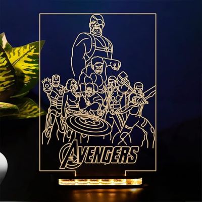 3D Avengers Group Night lamp with Warm White Light Wooden Base Gift for Kid & Anime Lover