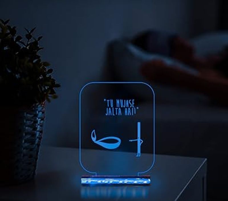 3D Illusion Funny Diya Night Lamp with Multicolored Light Tu Mujhse Jalta Hai Led Desk Table lamp for Home Decor lamp Wooden Base Lamp