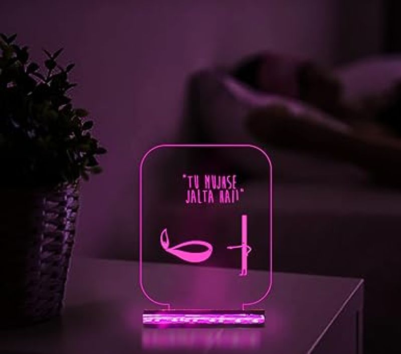 3D Illusion Funny Diya Night Lamp with Multicolored Light Tu Mujhse Jalta Hai Led Desk Table lamp for Home Decor lamp Wooden Base Lamp