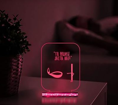 3D Illusion Funny Diya Night Lamp with Multicolored Light Tu Mujhse Jalta Hai Led Desk Table lamp for Home Decor lamp Wooden Base Lamp
