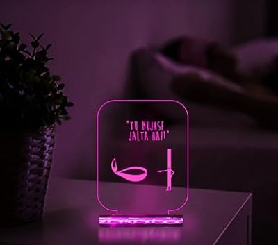 3D Illusion Funny Diya Night Lamp with Multicolored Light Tu Mujhse Jalta Hai Led Desk Table lamp for Home Decor lamp Wooden Base Lamp