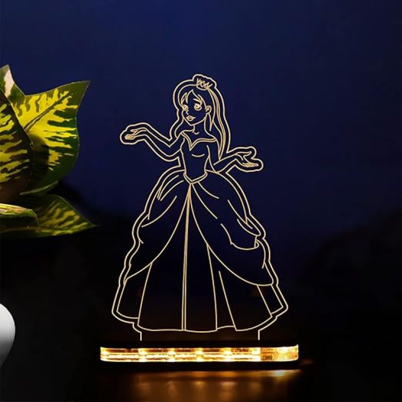 3D Illusion Princess Night Lamp with Warm White Light Gift for Children Girls Boys Home décor Light  Wooden Base Lamp