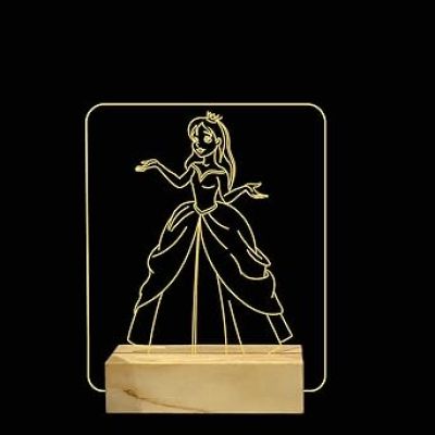 3D Illusion Princess Night Light with Warm White Color & Wooden Base Gift for Children Girls Boys Home décor Light