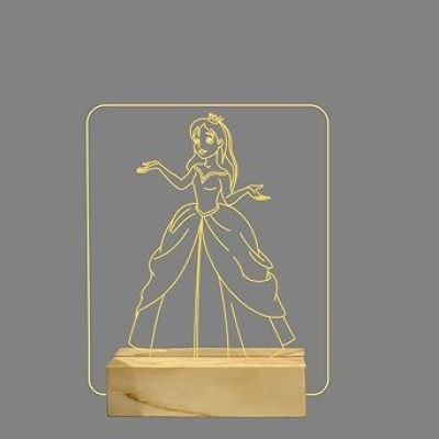 3D Illusion Princess Night Light with Warm White Color & Wooden Base Gift for Children Girls Boys Home décor Light