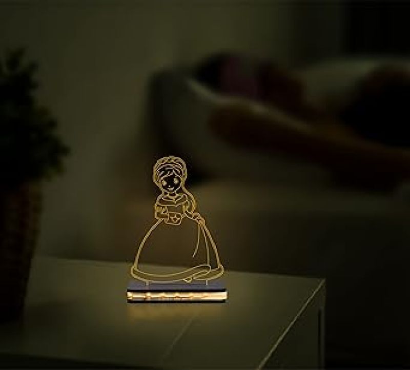 3D Illusion Nice Dream Princess Night Light with Warm White Gifts for Children Girls Wooden Base Lamp