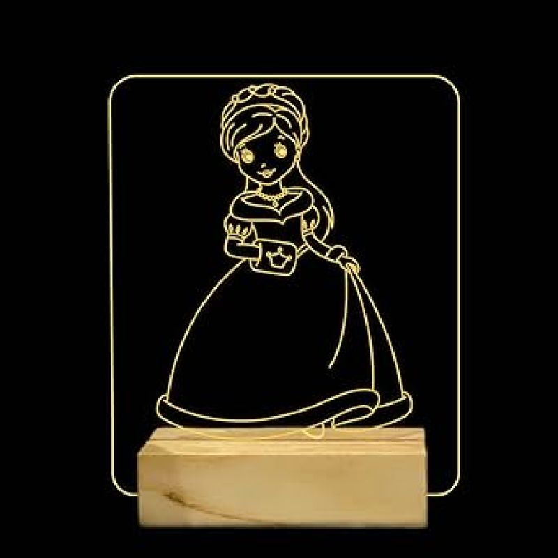 3D Illusion Nice Dream Princess Night with Warm White Light  Gifts for Children Girls Wooden Base Lamp