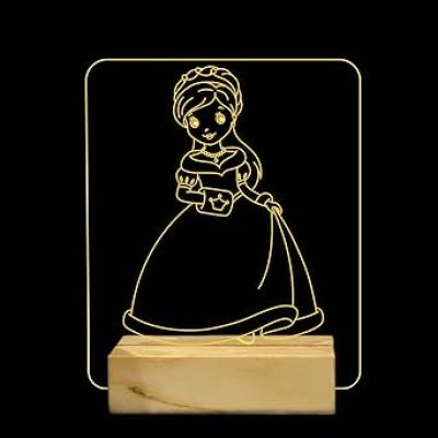3D Illusion Nice Dream Princess Night with Warm White Light  Gifts for Children Girls Wooden Base Lamp