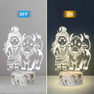 3D Illusion Lord Shiva with Nandi Religious Night Lamp with Warm White Light  Decorative Divine Desk Table Lights Festival Gift  Home Office & Pooja Room Decor Light