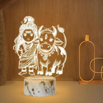 3D Illusion Lord Shiva with Nandi Religious Night Lamp with Warm White Light  Decorative Divine Desk Table Lights Festival Gift  Home Office & Pooja Room Decor Light