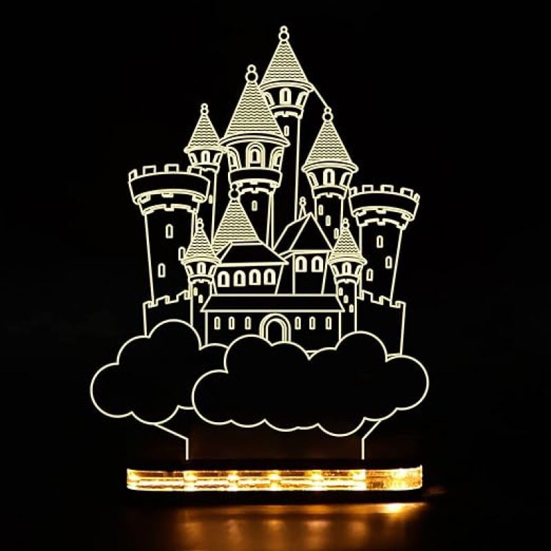 3D Illusion Princess House Acrylic Night lamp with Warm White Light Gift for Children Girls Wooden Base Lamp