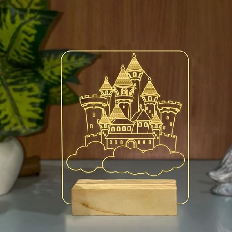 3D Illusion Princess House Acrylic Night lamp with Warm White Light Gift for Children Girls Wooden Base Lamp