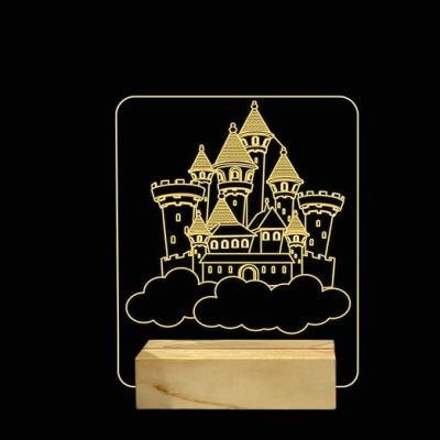 3D Illusion Princess House Acrylic Night lamp with Warm White Light Gift for Children Girls Wooden Base Lamp
