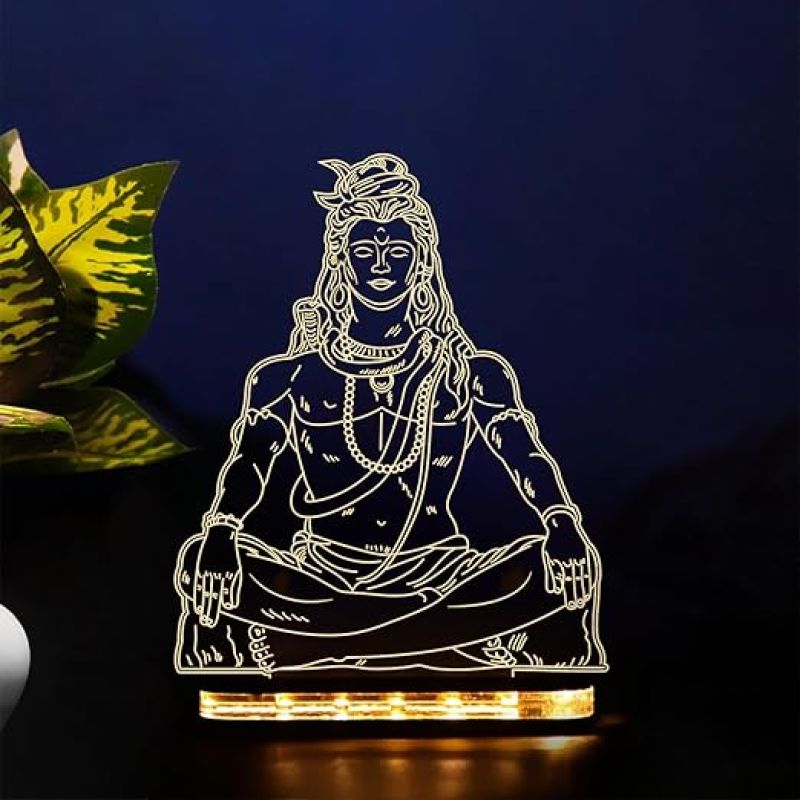 Lord Shiva Acrylic Night lamp with Warm White Light Festival Gifts Meditation Lamp for Temple Room Wooden Base Lamp