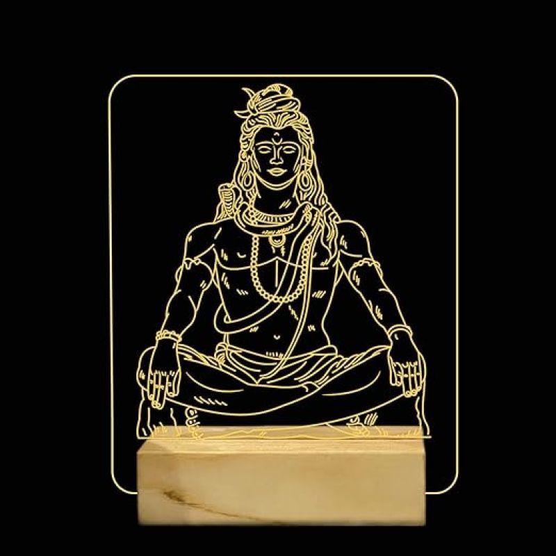 3D Illusion Lord Shiva Acrylic Night lamp with Warm White Light & Wooden Base Meditation Lamp for Temple Room