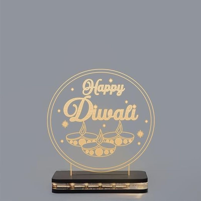 3D Illusion Happy Diwali Night lamp Warm White Light with Wooden Base for Home Decoration Gift for Employees & Family Diwali Wishing