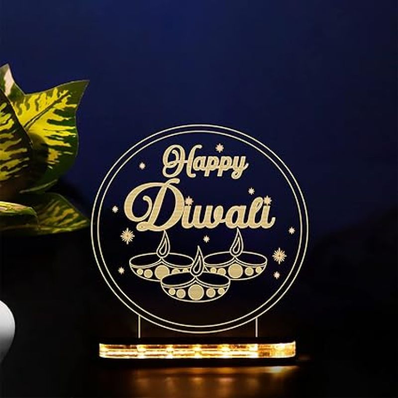 3D Illusion Happy Diwali Night lamp Warm White Light with Wooden Base for Home Decoration Gift for Employees & Family Diwali Wishing