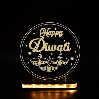 3D Illusion Happy Diwali Night lamp Warm White Light with Wooden Base for Home Decoration Gift for Employees & Family Diwali Wishing