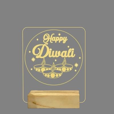 3D Illusion Happy Diwali Night lamp Warm White Light & Wooden Base Lamp for Home Decoration & Festival Gifts