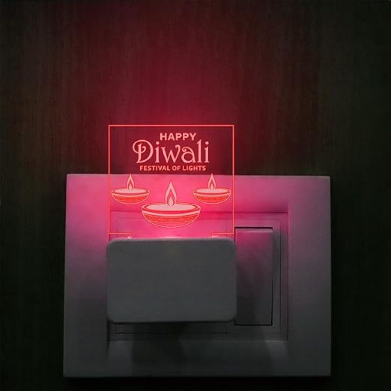 3D Illusion Happy Diwali Plug Night Lamp with 7 Color Changing Light Suitable for Temple Room , Lobby ,  Home & Living