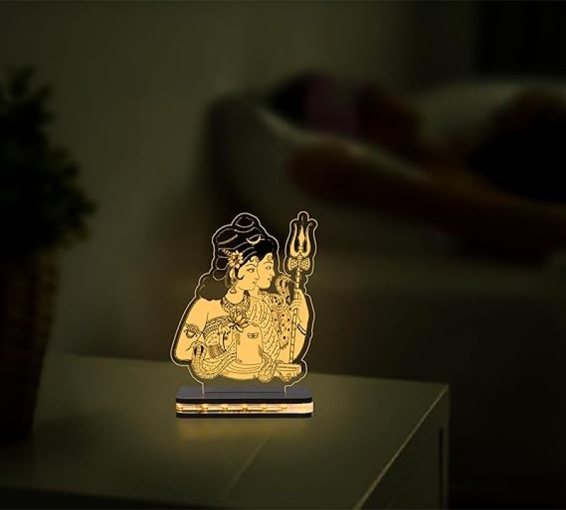 3D Illusion Shiv Parvati  God Night Lamp with Warm White Color for Home Office Pooja Room Decor Light Wooden Base  Lamp