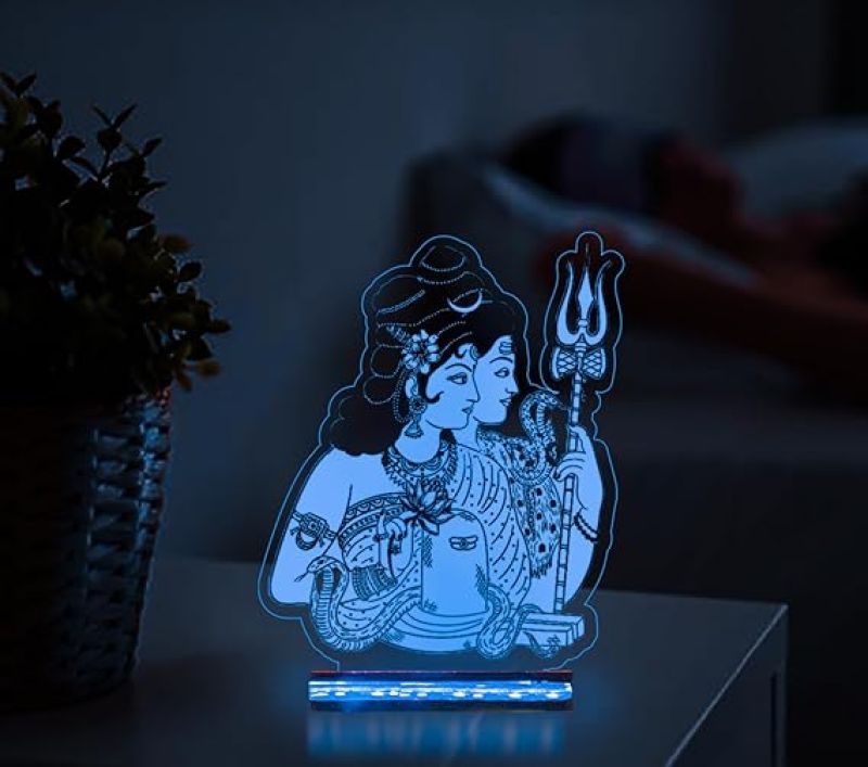 3D Illusion Shiv Parvati God Night Lamp with Multicolored for Home Office Pooja Room Decor Light Wooden Base Lamp