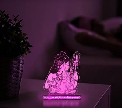 3D Illusion Shiv Parvati God Night Lamp with Multicolored for Home Office Pooja Room Decor Light Wooden Base Lamp