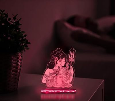 3D Illusion Shiv Parvati God Night Lamp with Multicolored for Home Office Pooja Room Decor Light Wooden Base Lamp