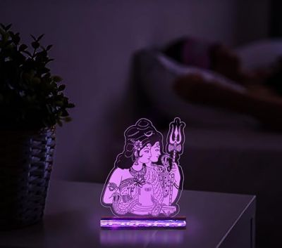3D Illusion Shiv Parvati God Night Lamp with Multicolored for Home Office Pooja Room Decor Light Wooden Base Lamp