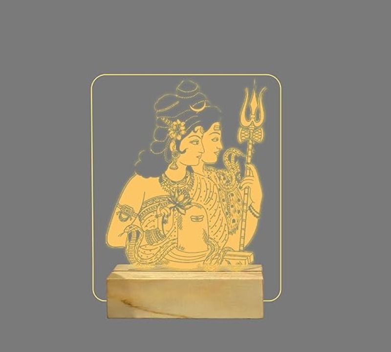 3D Illusion Shiv Parvati God Night Lamp Warm White Color for Home Office Pooja Room Decor Light Wooden Base Lamp