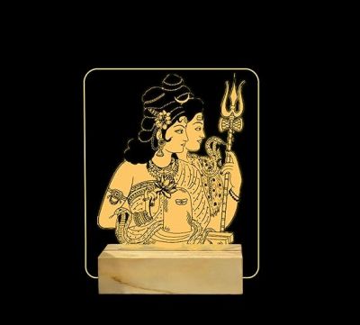 3D Illusion Shiv Parvati God Night Lamp Warm White Color for Home Office Pooja Room Decor Light Wooden Base Lamp