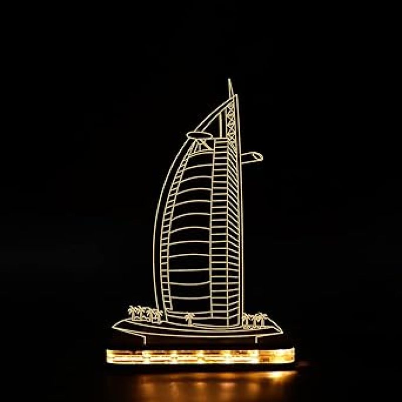 3D Illusion Burj-al-arab Night lamp with Warm White Led Light Gift for Birthday & Home Decorative Item Wooden Base Lamp