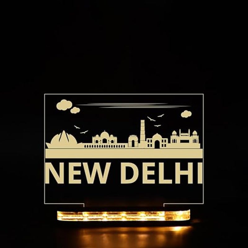 3D Illusion New Delhi Famous Place  in One Frame Warm White Night Lamp for Home Decoration & Gifts Wooden Base Lamp