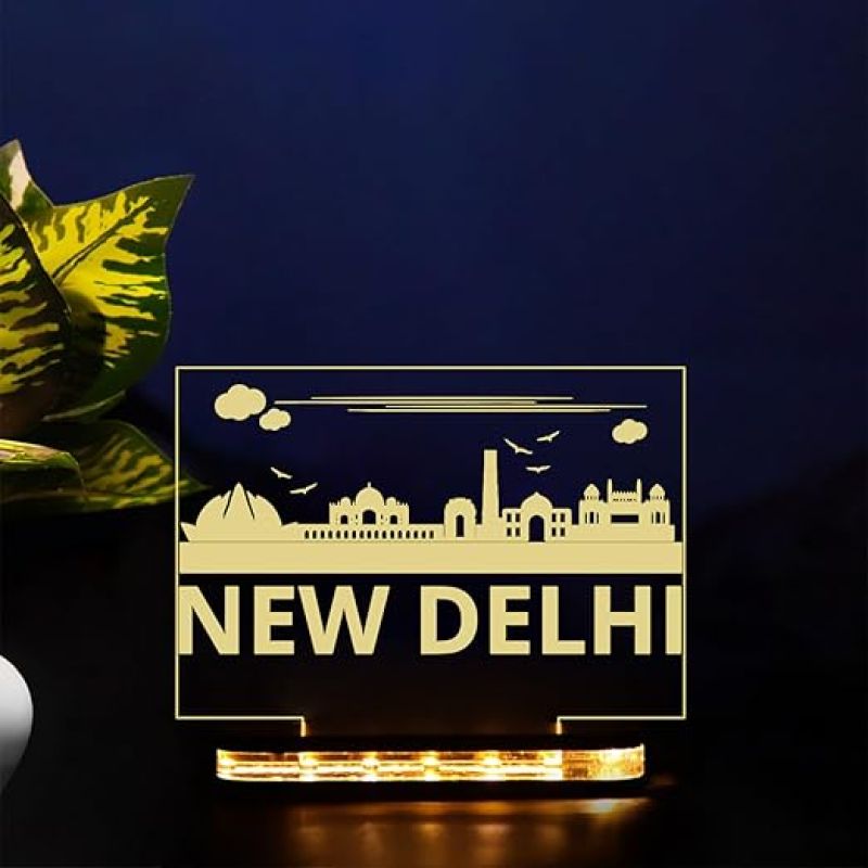 3D Illusion New Delhi Famous Place  in One Frame Warm White Night Lamp for Home Decoration & Gifts Wooden Base Lamp