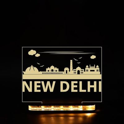 3D Illusion New Delhi Famous Place  in One Frame Warm White Night Lamp for Home Decoration & Gifts Wooden Base Lamp