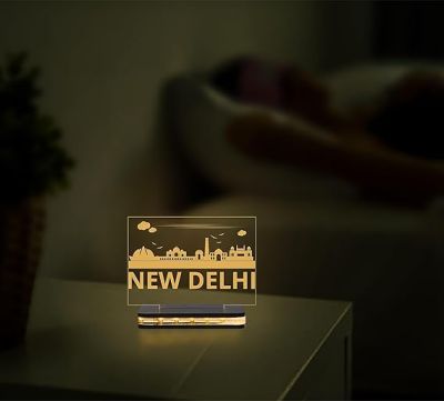 3D Illusion New Delhi Famous Place  in One Frame Warm White Night Lamp for Home Decoration & Gifts Wooden Base Lamp