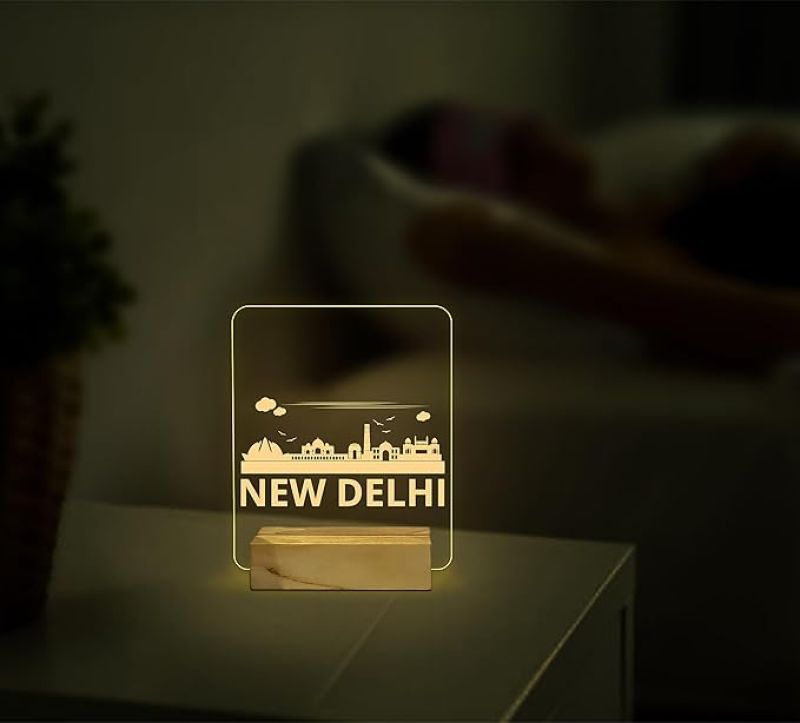 3D Illusion New Delhi Famous Place in One Frame Warm White Night Lamp for Home Decoration & Gifts Wooden Base Lamp