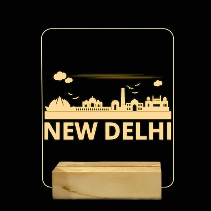 3D Illusion New Delhi Famous Place in One Frame Warm White Night Lamp for Home Decoration & Gifts Wooden Base Lamp