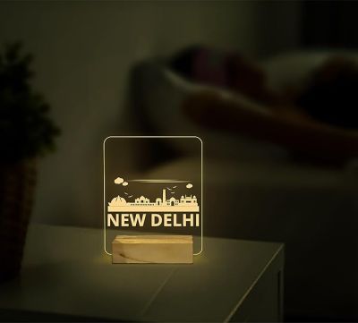 3D Illusion New Delhi Famous Place in One Frame Warm White Night Lamp for Home Decoration & Gifts Wooden Base Lamp