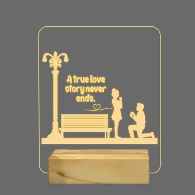 A True Love Story Never Ends Night Lamp with Warm White Light Gift for Wife, Girlfriend, Husband, Wife Wooden Base Couple Lamp