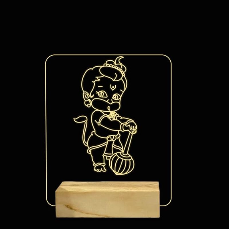 3D Illusion Little Hanuman Night Lamp with Warm White Colour & Wooden Base Home Office Pooja Room Decor Light
