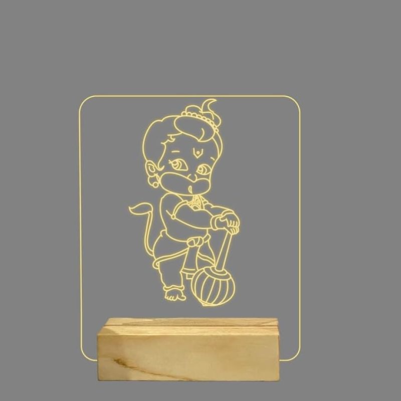 3D Illusion Little Hanuman Night Lamp with Warm White Colour & Wooden Base Home Office Pooja Room Decor Light