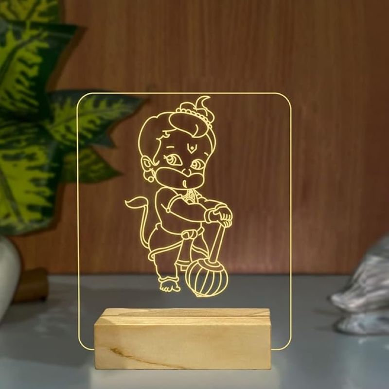 3D Illusion Little Hanuman Night Lamp with Warm White Colour & Wooden Base Home Office Pooja Room Decor Light