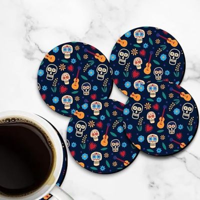 Set of 4 Skulls Round Printed Wooden Coaster for Tea Cups, Coffee Mugs, Glasses and Bottles Home, Kitchen and Office Table DecorDining Table Decor Accessories