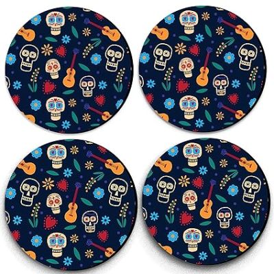 Set of 4 Skulls Round Printed Wooden Coaster for Tea Cups, Coffee Mugs, Glasses and Bottles Home, Kitchen and Office Table DecorDining Table Decor Accessories