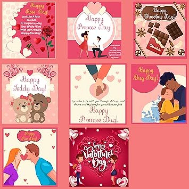 Set of 8 Valentines Week Cards  Gift For Rose Day, Propose Day, Chocolate Day, Teddy Day, Promise Day, Hug Day, Kiss Day  Gift For Girlfriend Boyfriend  Valentine Day Gift Cards