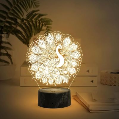3D Illusion Peacock Night Lamp with Warm White Light Bedroom Living Room Decor Light  Home Decoration Light