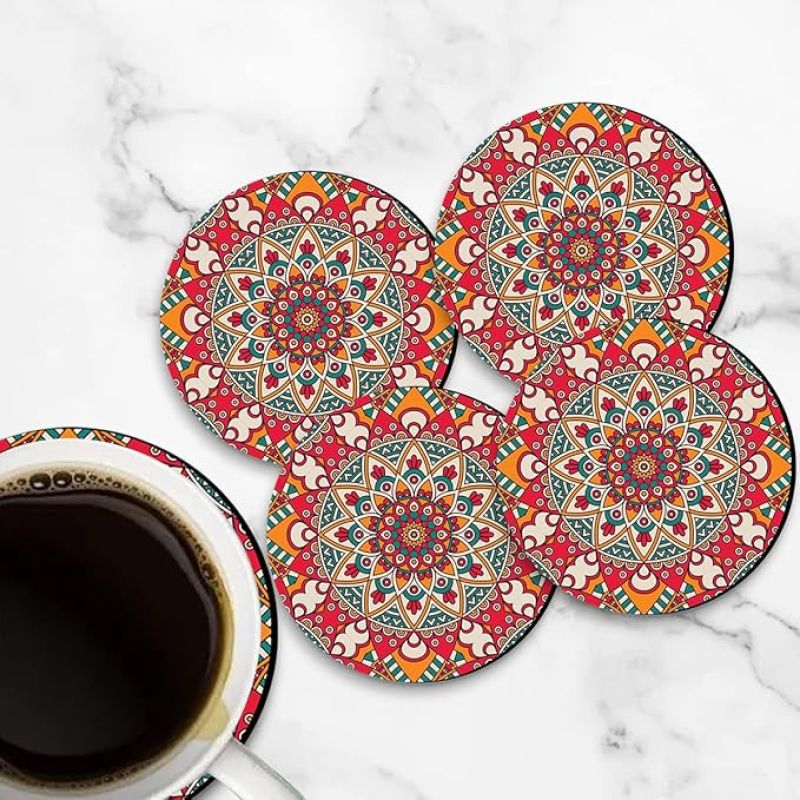 Mandala Pattern Design Printed Coaster for Tea Cups, Coffee Mugs, Glasses and Bottles Home and Kitchen, Office Table Decor Dining Table Set of 4