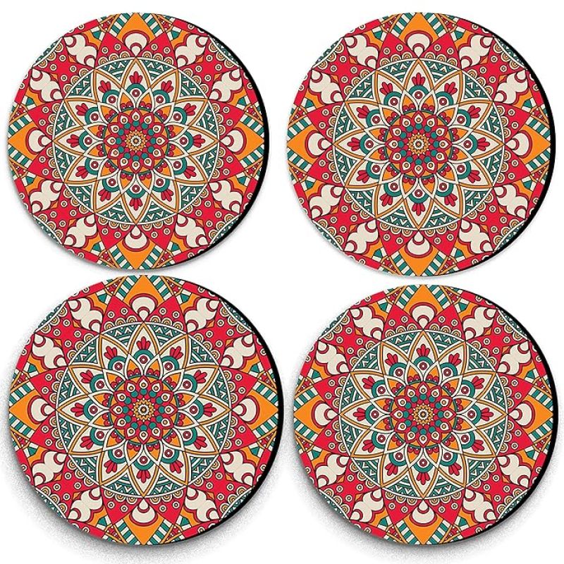 Mandala Pattern Design Printed Coaster for Tea Cups, Coffee Mugs, Glasses and Bottles Home and Kitchen, Office Table Decor Dining Table Set of 4
